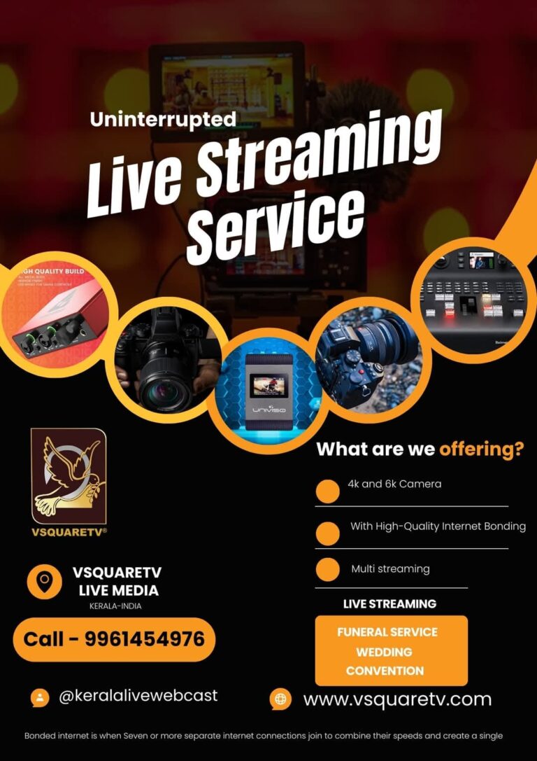 Professional VSquareTV team setting up multi-camera live streaming equipment for a Kerala wedding event, delivering HD broadcasts to global audiences.