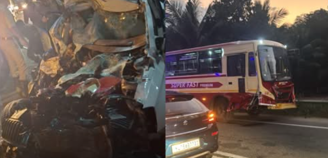 Kerala Accident News “നിലമേലിൽ കാർ–KSRTC ബസ് കൂട്ടിയിടിച്ചുണ്ടായ അപകടസ്ഥലം; തകർന്ന കാർയും രക്ഷാപ്രവർത്തനവും”