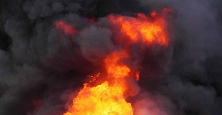 Fire and smoke rising from the Barzan Gas Plant in Ras Laffan, Qatar.