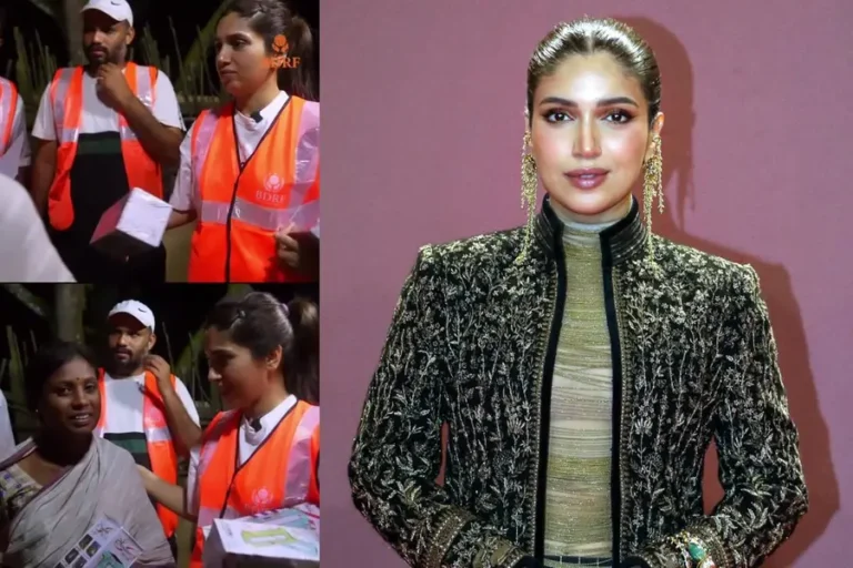 Bhumi Pednekar distributing relief materials in Assam flood affected area.