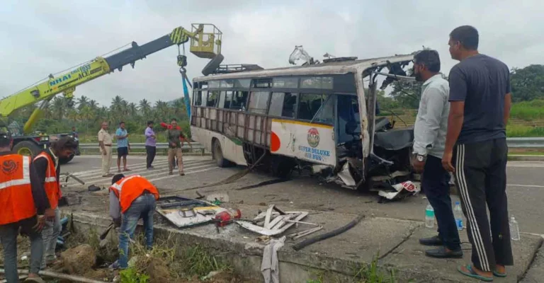 Damaged KSRTC deluxe bus after accident on Bidadi expressway