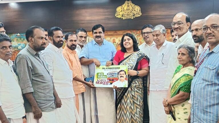 Adv K Praveen Kumar MLA handing over proposals to Kozhikode District Collector MS Madhavikutty for KSRTC bus
